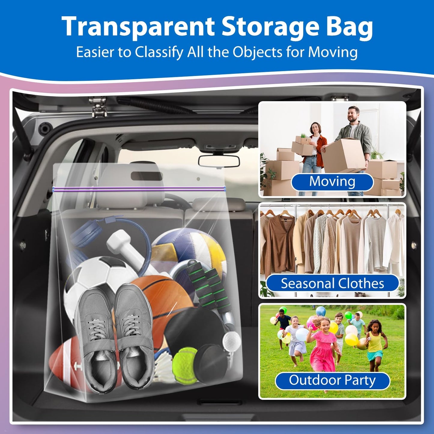 Xsourcer 5 Gallon Zipper Bags with Handle and Bottom, Pack of 12, Heavy Duty Clear Handy Plastic Storage Bag, 18"x24" Reusable Large Zip Storage Bag for Sports, Travel, Moving and Clothes, 3-Mil Thick