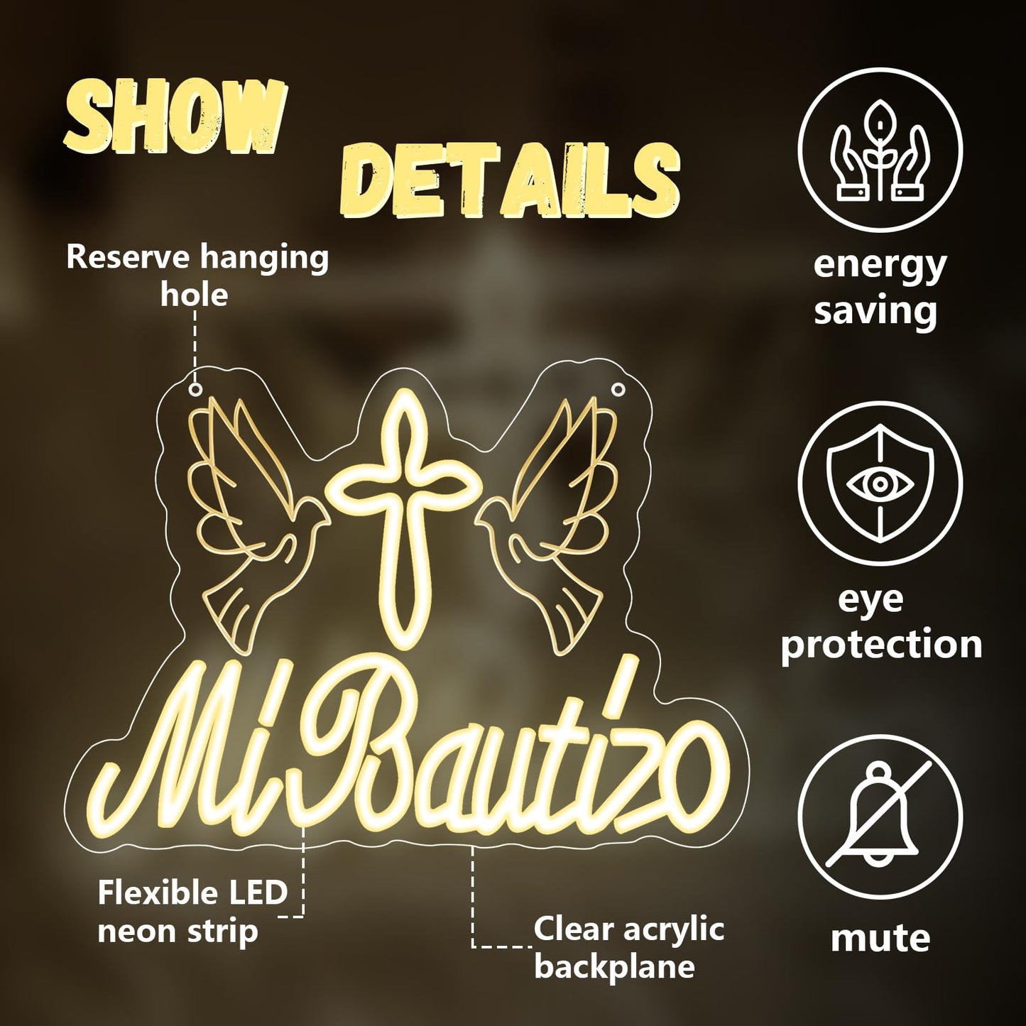 Mi Bautizo Neon Sign for Baptism Decorations, Led USB Signs for First Birthday Cross Baby Shower Bedroom Kids Room Party Backdrop Decor Gifts