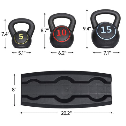 F2C 3-Piece Kettlebell Set with Storage Rack 5lb, 10lb, 15lb Weights HDPE Coated Concrete Kettlebells Core Training for Home Gym Exercise Fitness