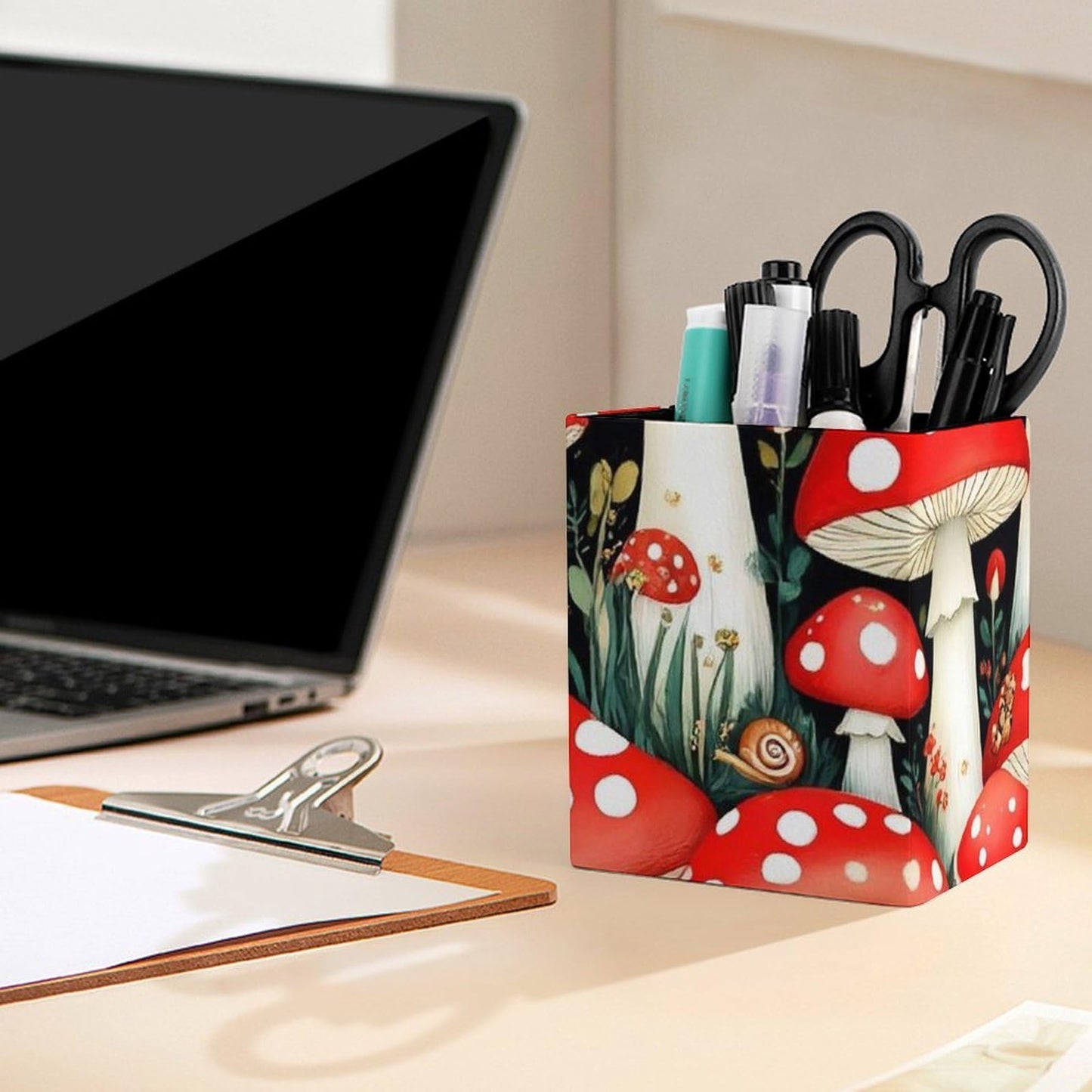 UTRSIFB Pen Holder Square Leather Pencil, Holder Cup Makeup Brush Storage Organizer, Waterproof Multifunctional Office Supplies Wild Mushrooms