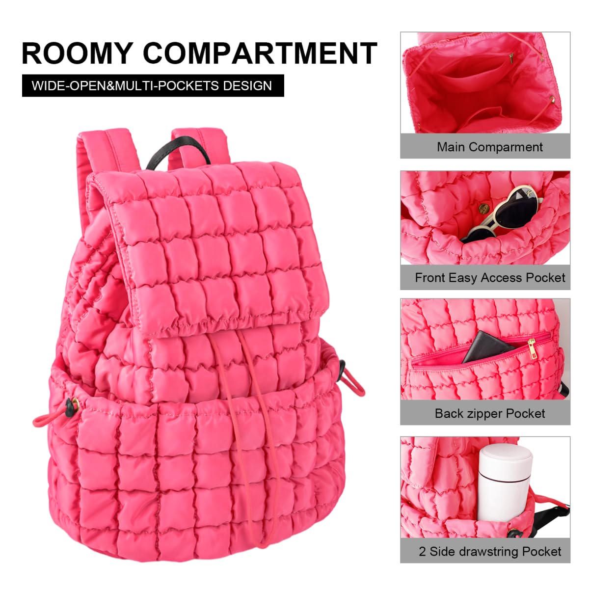 XSUIOY Quilted Backpack Purse for Women Small Lightweight Puffer Puffy College Laptop Backpack Nylon Casual Bookbag Daypack Top Flap Drawstring Padding Hiker Travel Gym Backpack(Rosered)