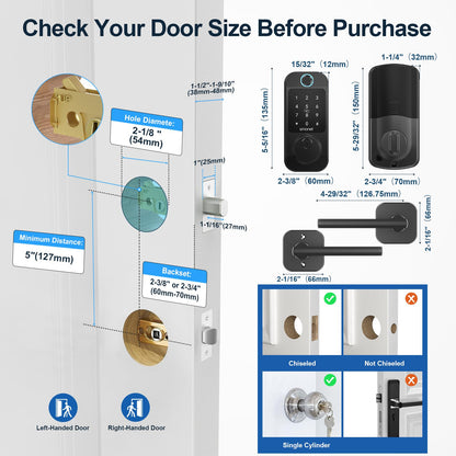 Keyless Door Lock with Handle Set - SMONET WiFi Fingerprint Smart Locks for Front Door, App Remote Control, Digital Bluetooth Keypad Deadbolt Set with Alexa, Auto Lock, Code, Fobs for Home Black