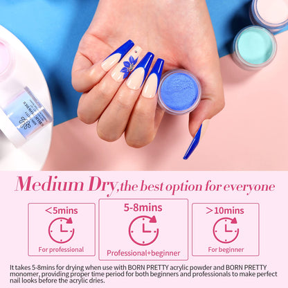 BORN PRETTY Acrylic Nail Kit - Acrylic Powder (Clear, White, Pink) & Liquid Set with Nail Forms, Brush Pen, File & Glass Container - Beginner Friendly