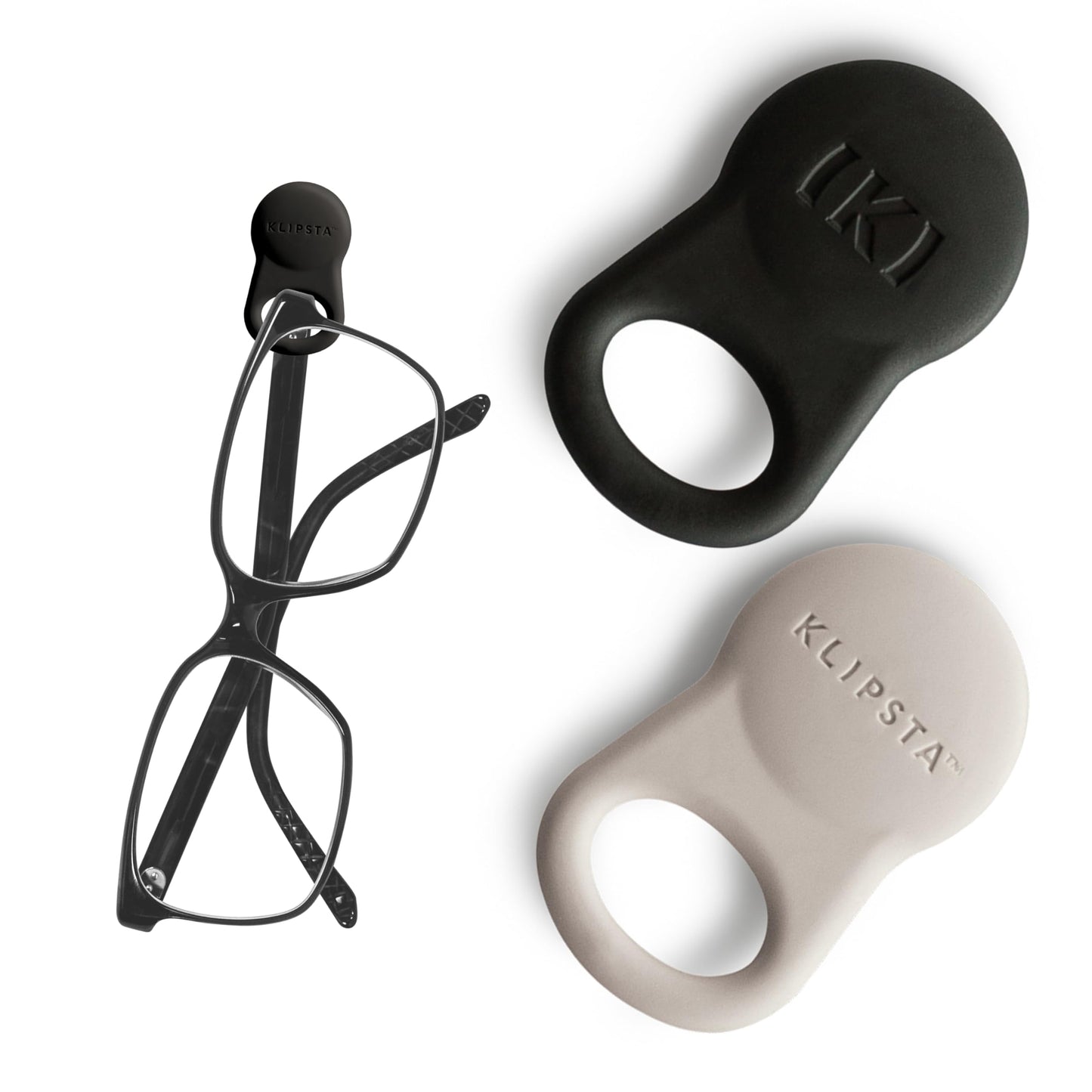 KLIPSTA SPEX Glasses Clips (Black+Stone 2-pack) - Magnetic Glasses Holder for Clothes. Eyewear Strap Alternative, ID Badge Holder.