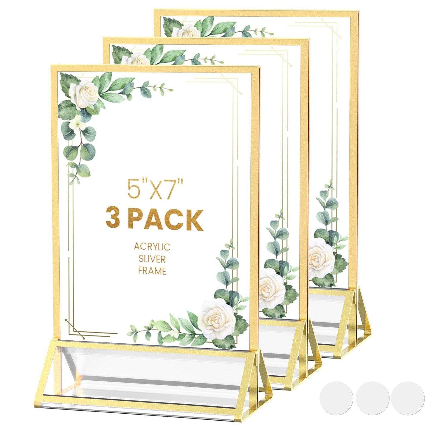 YOAEAILY Gold Frames 5X7 Acrylic Sign Holder Double-Sided Tabletop Picture Frames for Menu Holder Wedding Table Number Holder Christmas Photo Frames with Removable Sticky Dots-3 Pack