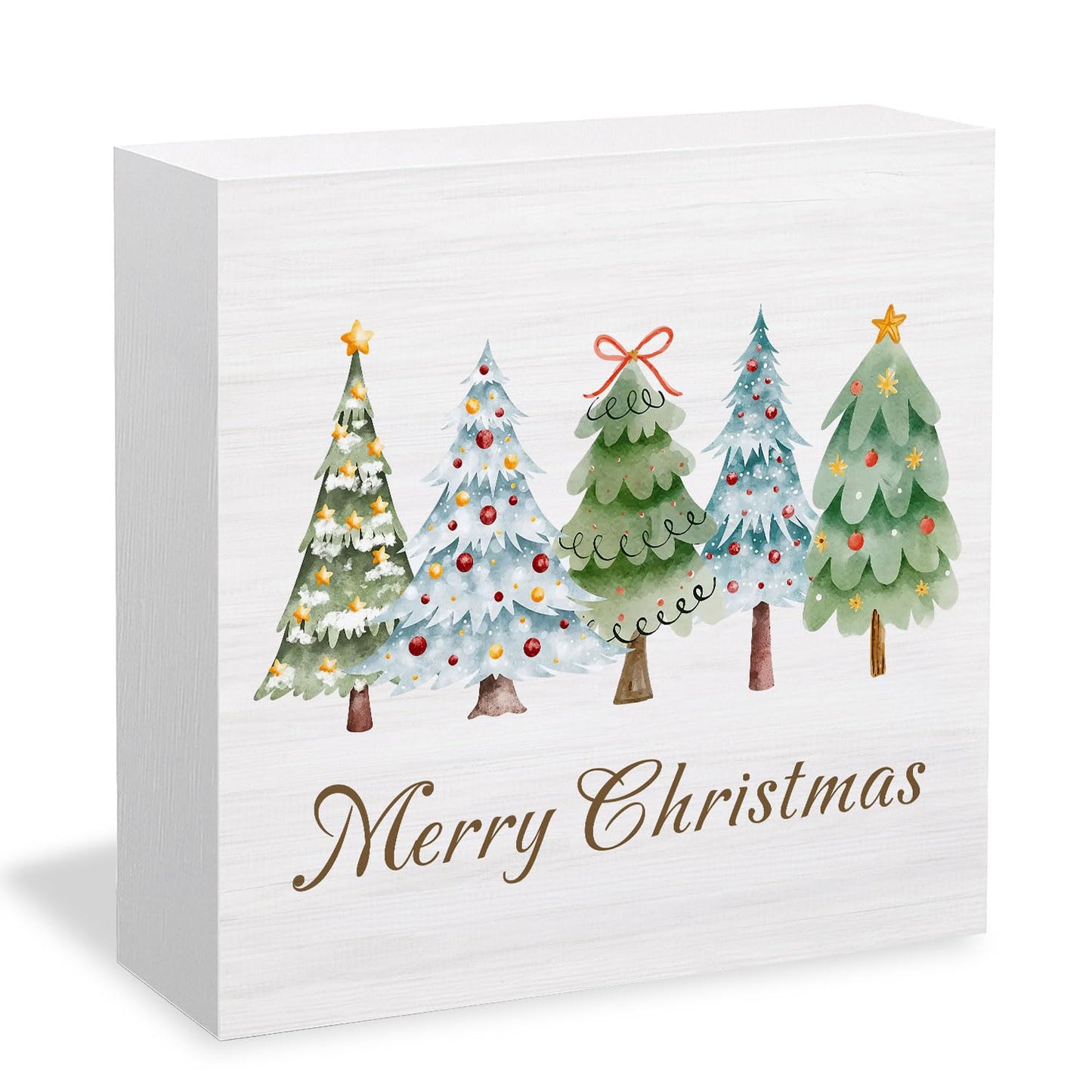 HYKDFMNCJ Merry Christmas Tree Wooden Box Sign Desk Decor, Glitter Holiday Winter Christmas Bauble Tree Wood Signs for Home Bedroom Office Desk Table Shelf Decorations, 5x5 Inch