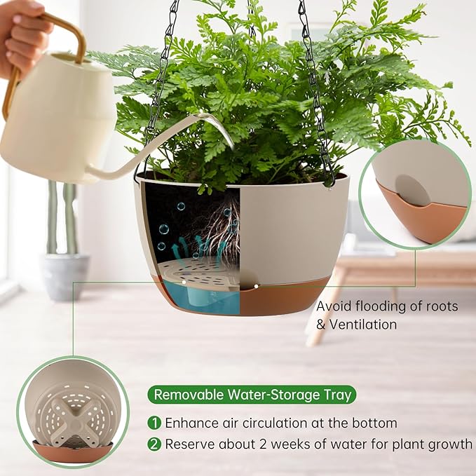 Set of 2 8 Inch Self Watering Hanging Planters for Indoor Outdoor Plants, Color Blocking Hanging Baskets Flower Pots with Drainage Hole & Removable Water-Storage Tray and 20" Chain Hanger