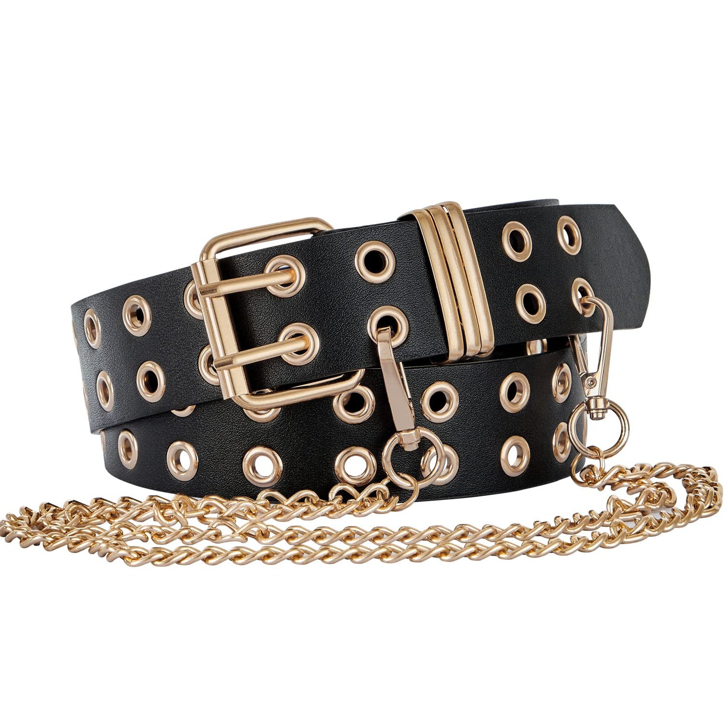 FIORETTO Double Grommet Leather Belt with Detachable Chain Women Men Punk Rock Waist Belts for Jeans Pants Double Holes (with Gold Chain)