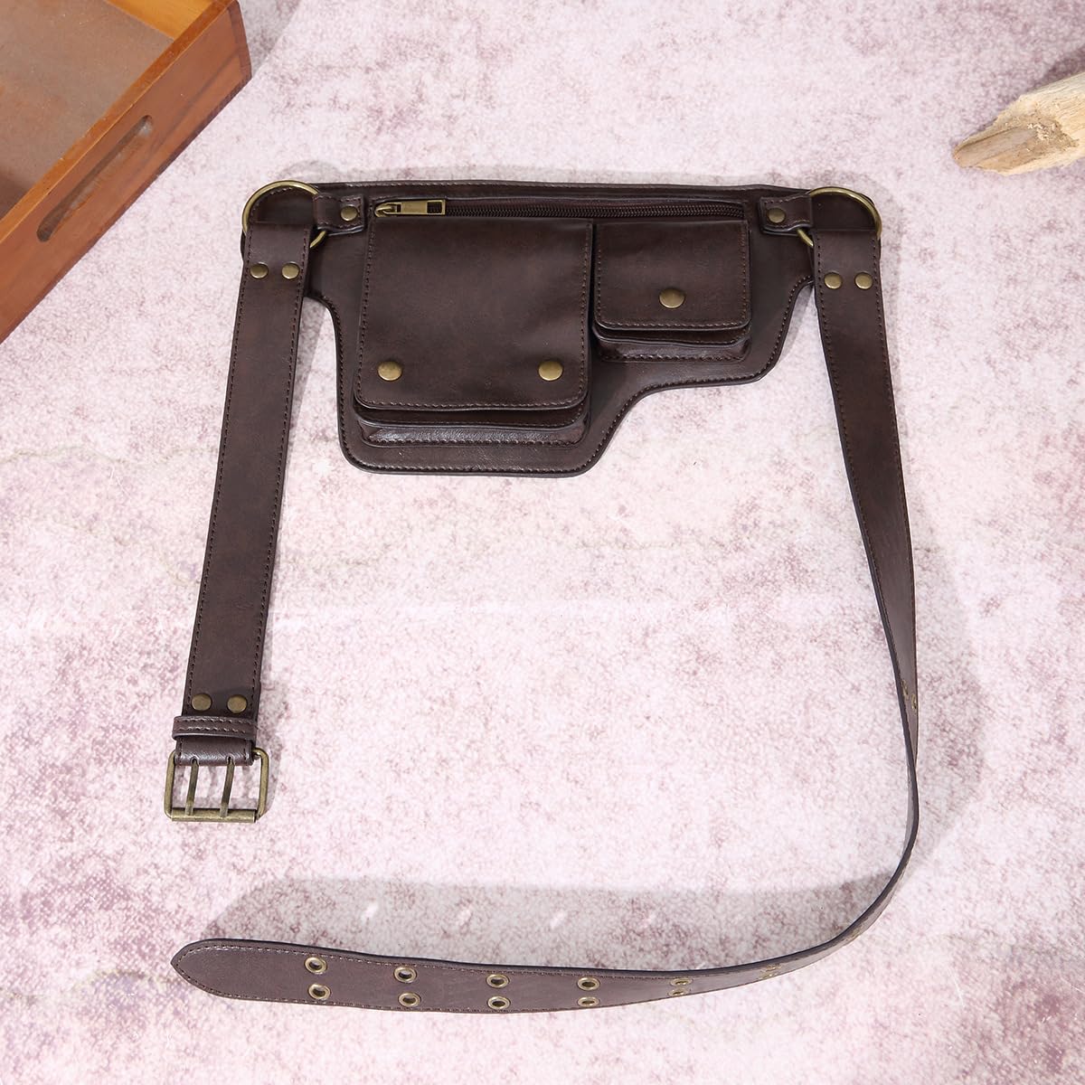 GK-O Steampunk PU Leather Hip Belt Bag for Men Women Vintage Motorcycle Waist Bag with Adjustable Strap Medieval Cosplay Utility Fanny Pack (Dark Brown)