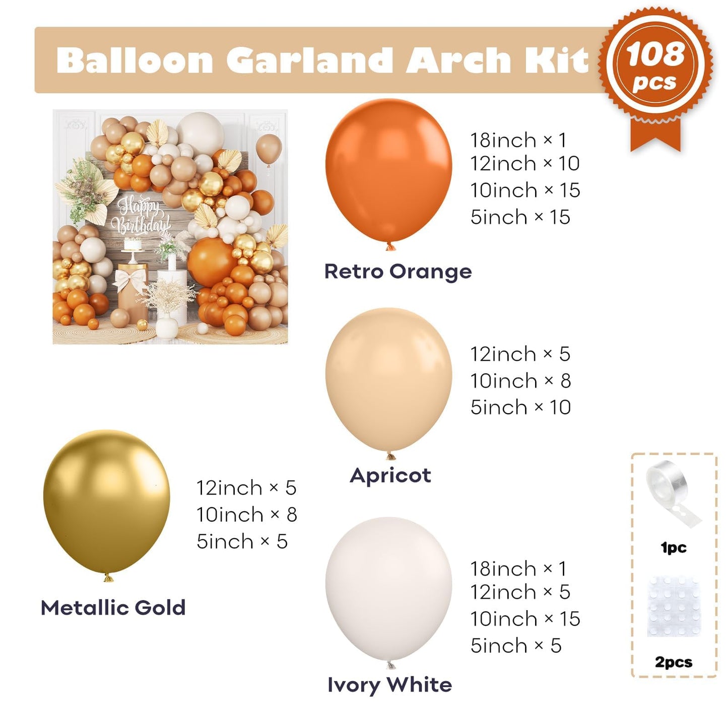 Fall Balloon Arch Kit, 108 Pcs Burnt Orange Balloons Garland Kit with Terracotta Ivory White Apricot Latex Balloon Metallic Gold for Kids Boho Baby Shower Birthday Wedding Celebration Party Decoration