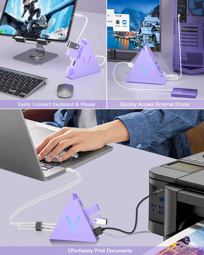 4-Port USB 3.0 Hub, FlyingVHUB Vertical Data USB Hub with 2 ft Extended Cable, for Mac, PC, Xbox One, PS4, PS5, iMac, Surface Pro, XPS, Laptop, Desktop, Flash Drive, Mobile HDD(Pink)