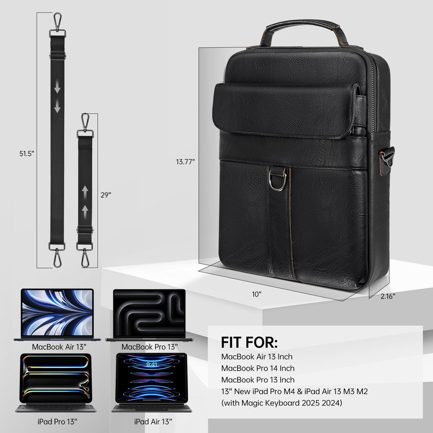 13 Inch Laptop Shoulder Bag Leather Carrying Case for Macbook Air 13" M5 M4 M3 M2 A3449 A3420 A3113 A2681/MacBook Pro 14" M5 M4 M3/2026 MacBook Neo, Vertical Laptop Sleeve Messenger Computer Bag,Black
