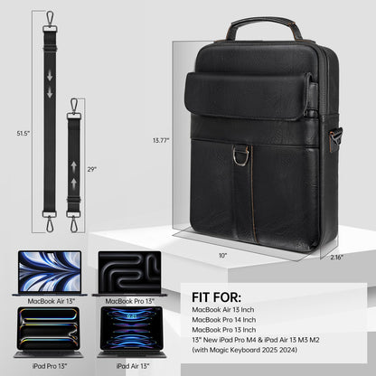 13 Inch Laptop Shoulder Bag Leather Carrying Case for Macbook Air 13" M5 M4 M3 M2 A3449 A3420 A3113 A2681/MacBook Pro 14" M5 M4 M3/2026 MacBook Neo, Vertical Laptop Sleeve Messenger Computer Bag,Black