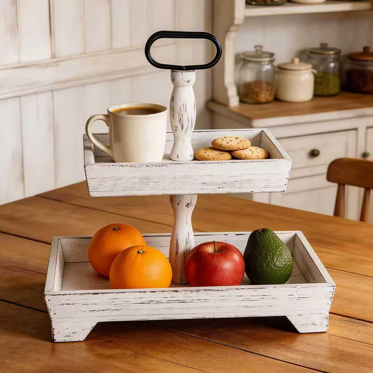 Eufrozy 2-Tier Farmhouse Tiered Tray Stand, Rustic White Wooden Decorative Serving Tray with Metal Handles, Rectangular Display Stand for 4th of July Decorations, Kitchen Table Housewarming Gifts