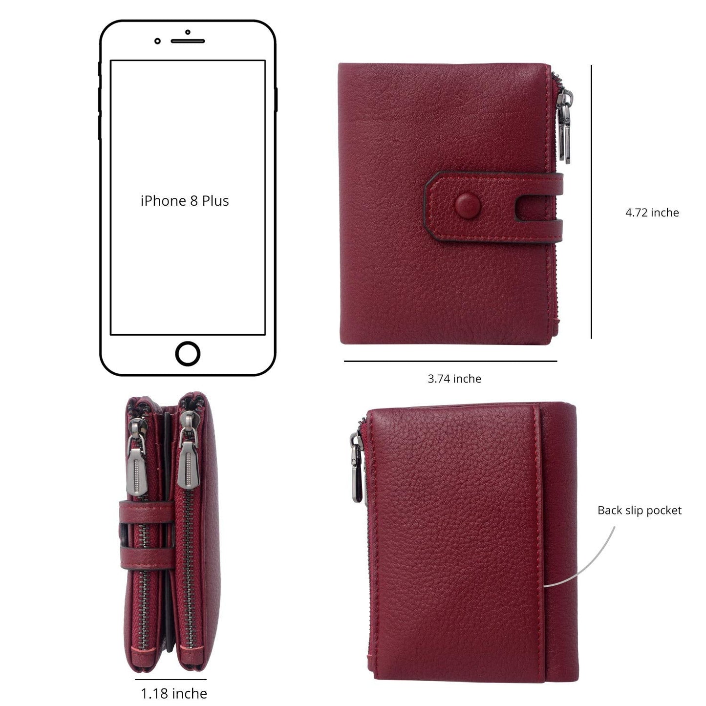 Bveyzi Small Soft Leather Wallet for Women RFID Blocking Ladies Card Holder with Double Zipper Pocket (Wine Red)