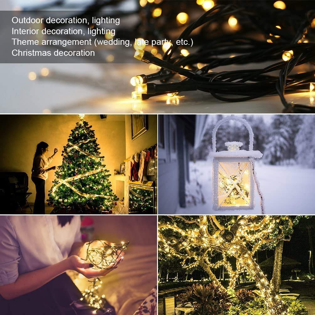 Fairy Black String Lights with Memory Function. Extendable 33ft 100 LED Plug in Cozy Warm White Decorations for Christmas Xmas Tree, Garden, Party, or Home, creating magical indoor outdoor Ambiance
