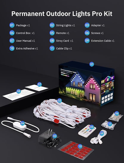 150FT Permanent Outdoor Lights Pro, 75 IC+RGBCW Smart Eaves Lights with 48 Scene Modes, IP67 Waterproof Outside Halloween Christmas String Lights for House All Year Decor, APP/Remote Control