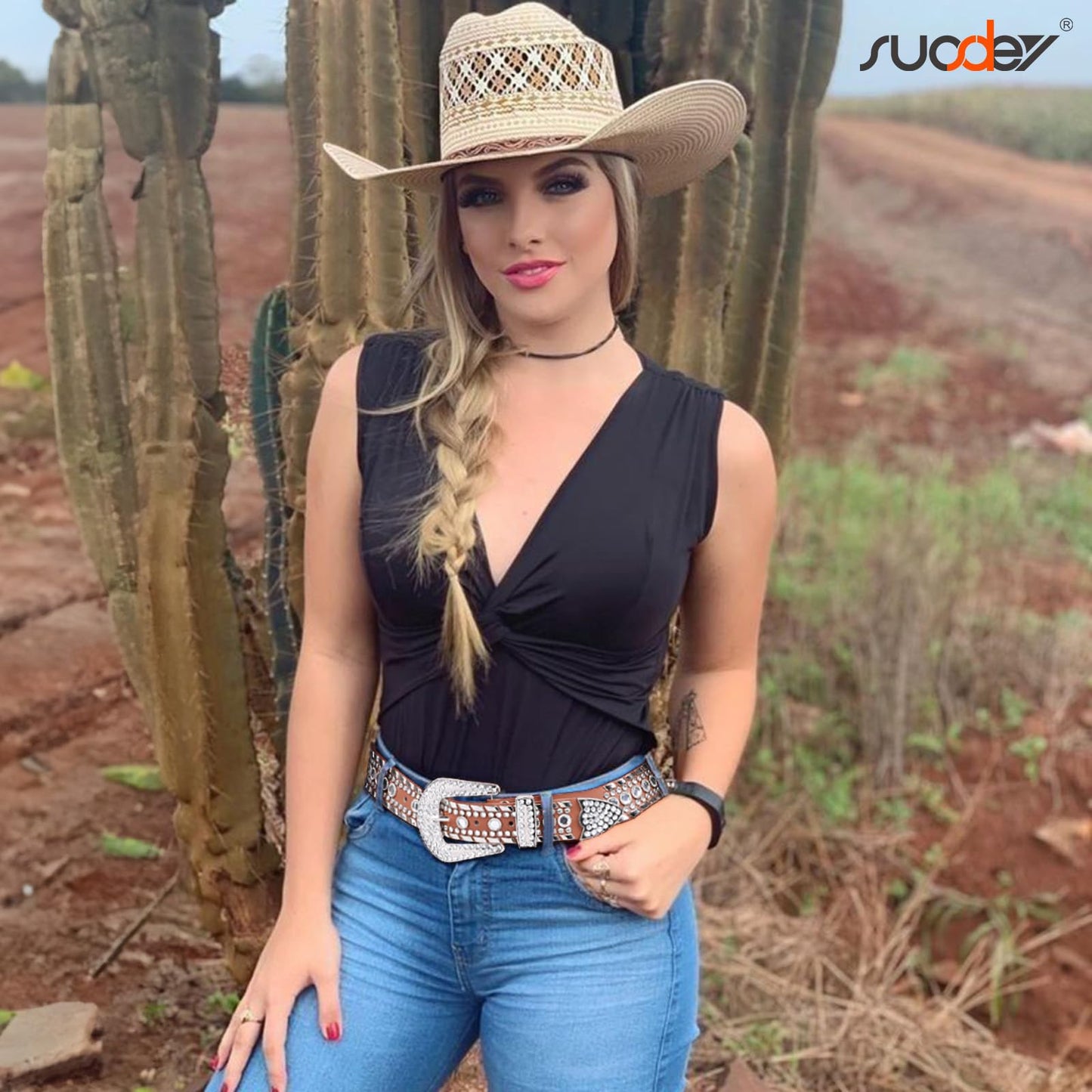 SUOSDEY Rhinestone Belt for Men Women Western Cowboy Cowgirl Bling Studded Leather Belt for Jeans Pants,Brown,M
