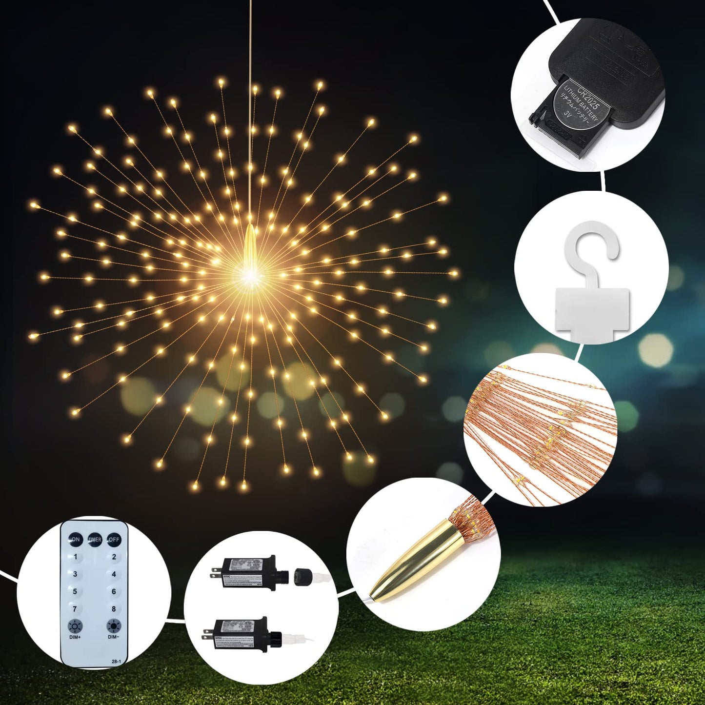 SHUKAN 4 Pcs 800 LED Plug-in Starburst Sphere Lights, Firework Light 8 Modes Dimmable Remote Control Waterproof Hanging Fairy Light, Copper Wire Lights for Patio Party Tent Christmas (Warm White)