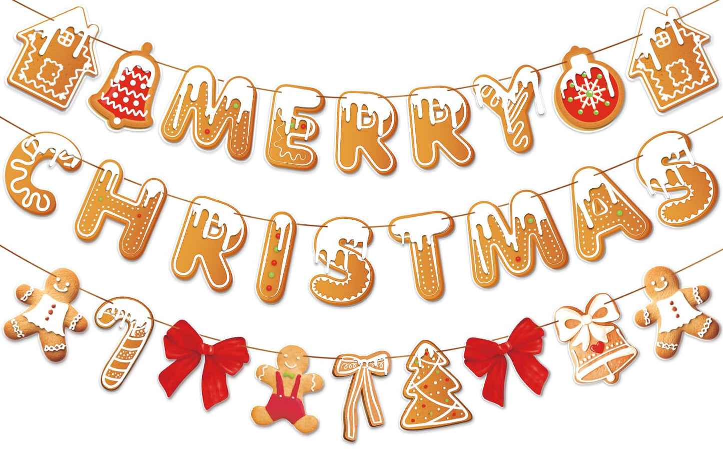 PAPER JAZZ Gingerbread Christmas Decoration Merry Christmas Banner,3 Pcs Gingerbread Christmas Garland,Xmas Backdrop Cute Hanging Decor for Wall, Tree, Door, Yard, Home, Office, Indoor Outdoor.