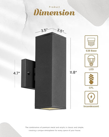 Ken & Ricky Dusk to Dawn Outdoor Lighting, Modern Exterior Wall Lights, Aluminum Waterproof, Black Up and Down Outdoor Porch Light with Glass Cover, KR3324-W-1PK-B