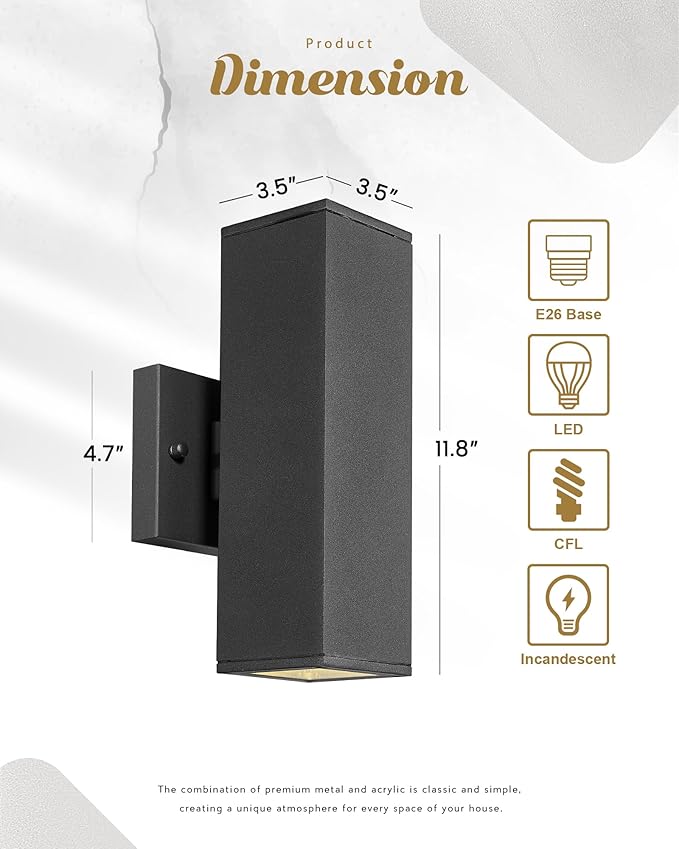 Ken & Ricky 2 Pack Dusk to Dawn Outdoor Lighting, Modern Exterior Lighting Fixtures, Aluminum Front Porch Light, Black Outdoor Wall Sconce with Glass Cover, KR3324-W-2PK-B