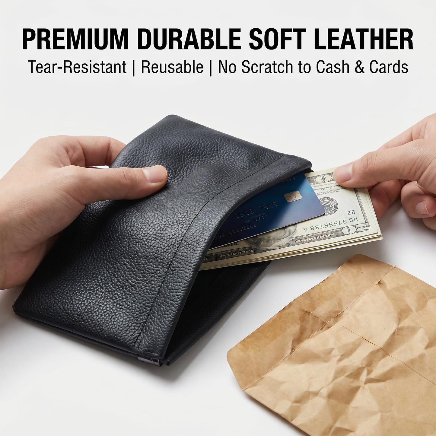 4 Pcs Leather Cash Bag, Squeeze Top Money Bag, Portable Cash Holder for Money Saving & Budgeting, Bank Deposit Bags for Coins, Invoice, Makeup Bills Receipts Tool Storage（Red,Pink,Black,Brown）
