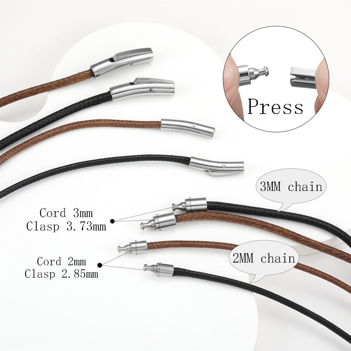 SKQIR 2mm Black Waterproof Braided Leather Cord Necklace with Durable Stainless Steel Snap Clasp Men Women Woven Wax String Rope Chain for DIY Pendant Length 24"
