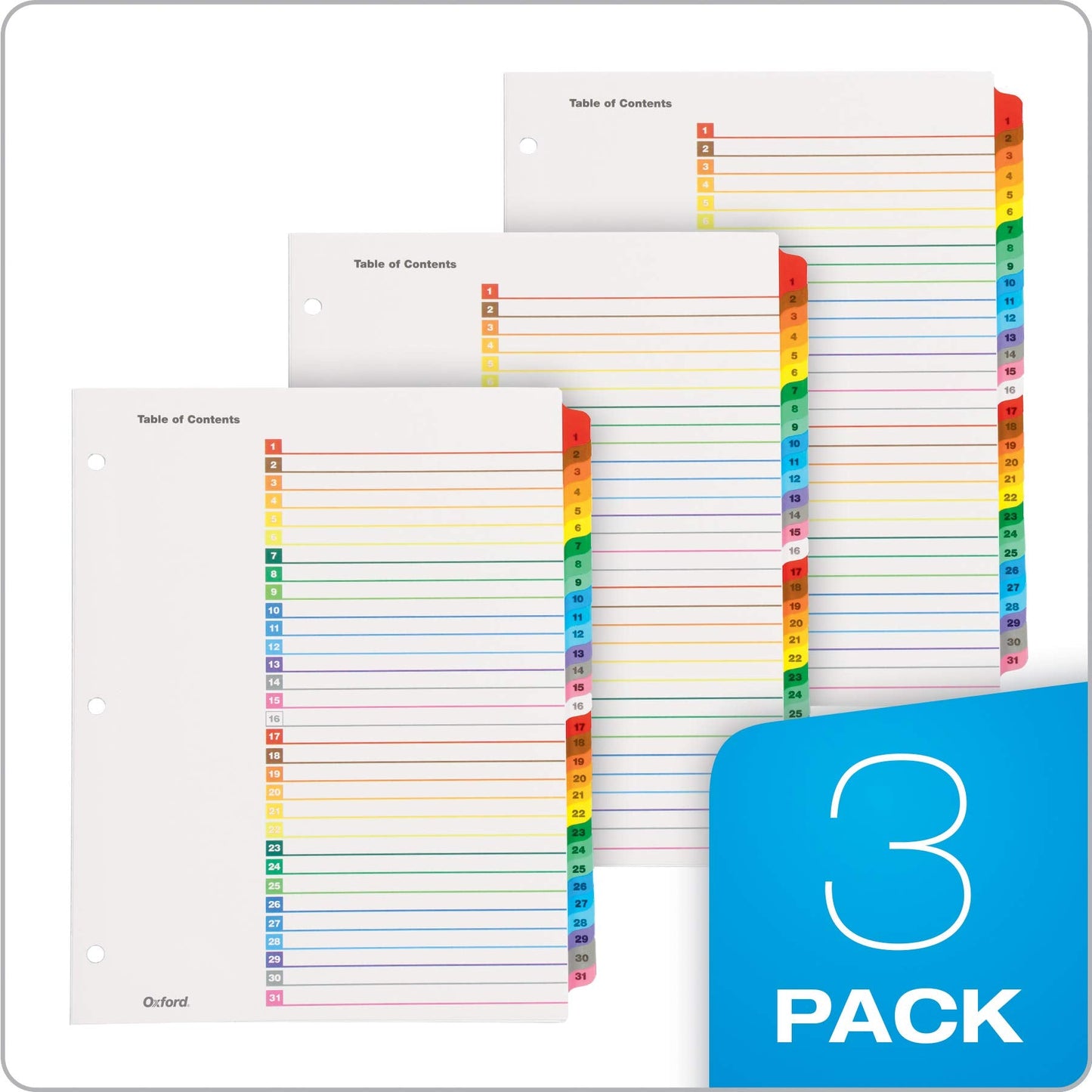 Oxford Binder Dividers, 31 Tabs, Numbered 1–31, 3 Pack, Customizable Table of Contents Page, Reversible Multicolor Tabs, 3-Hole Punched for Binders