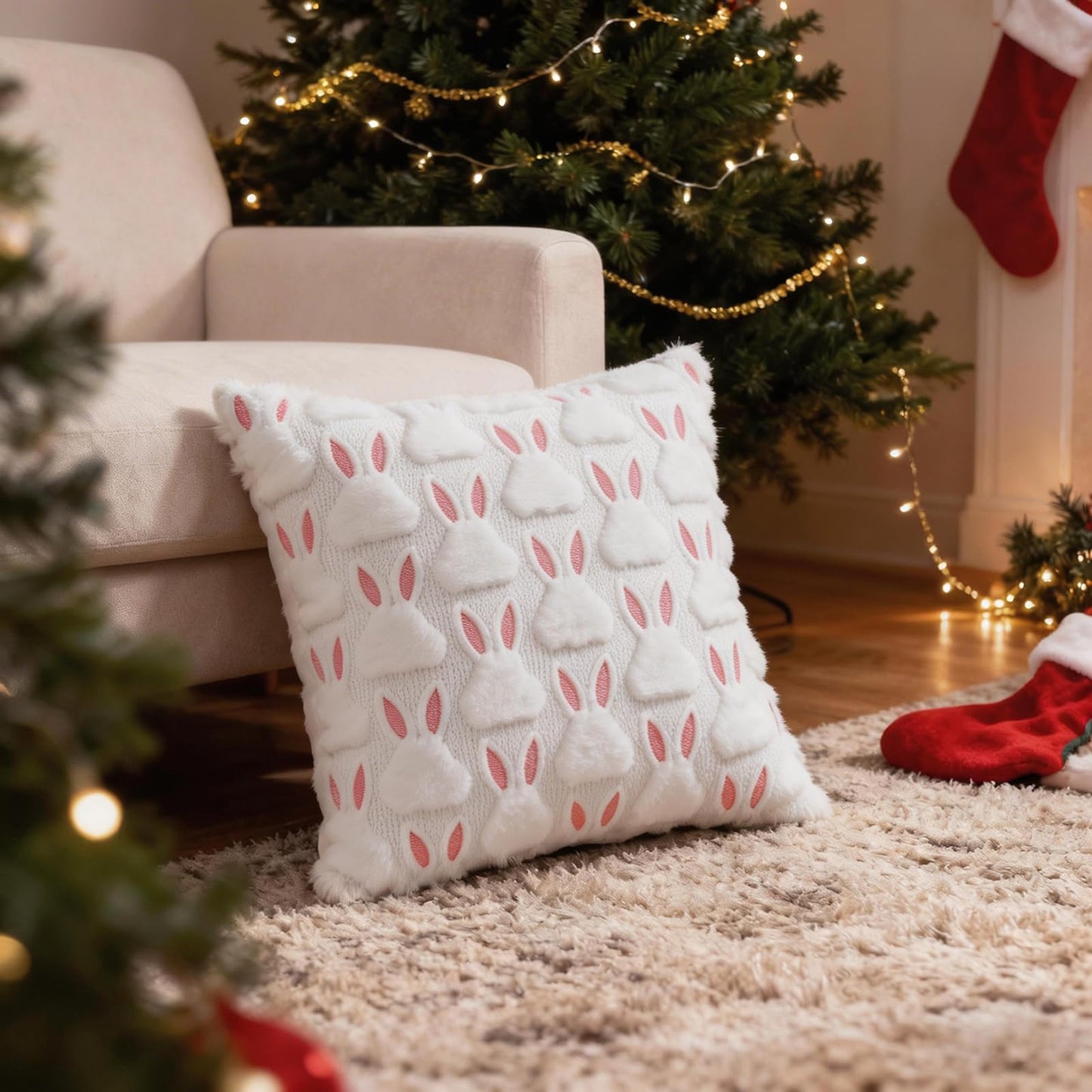 HDVUHKI Easter Throw Pillow Covers 18x18 inch Set of 4, White Pink Bunny Eggs Holiday Living Room Soft Fluffy Plush Faux Fur Wool Decorations for Sofa Couch Bed