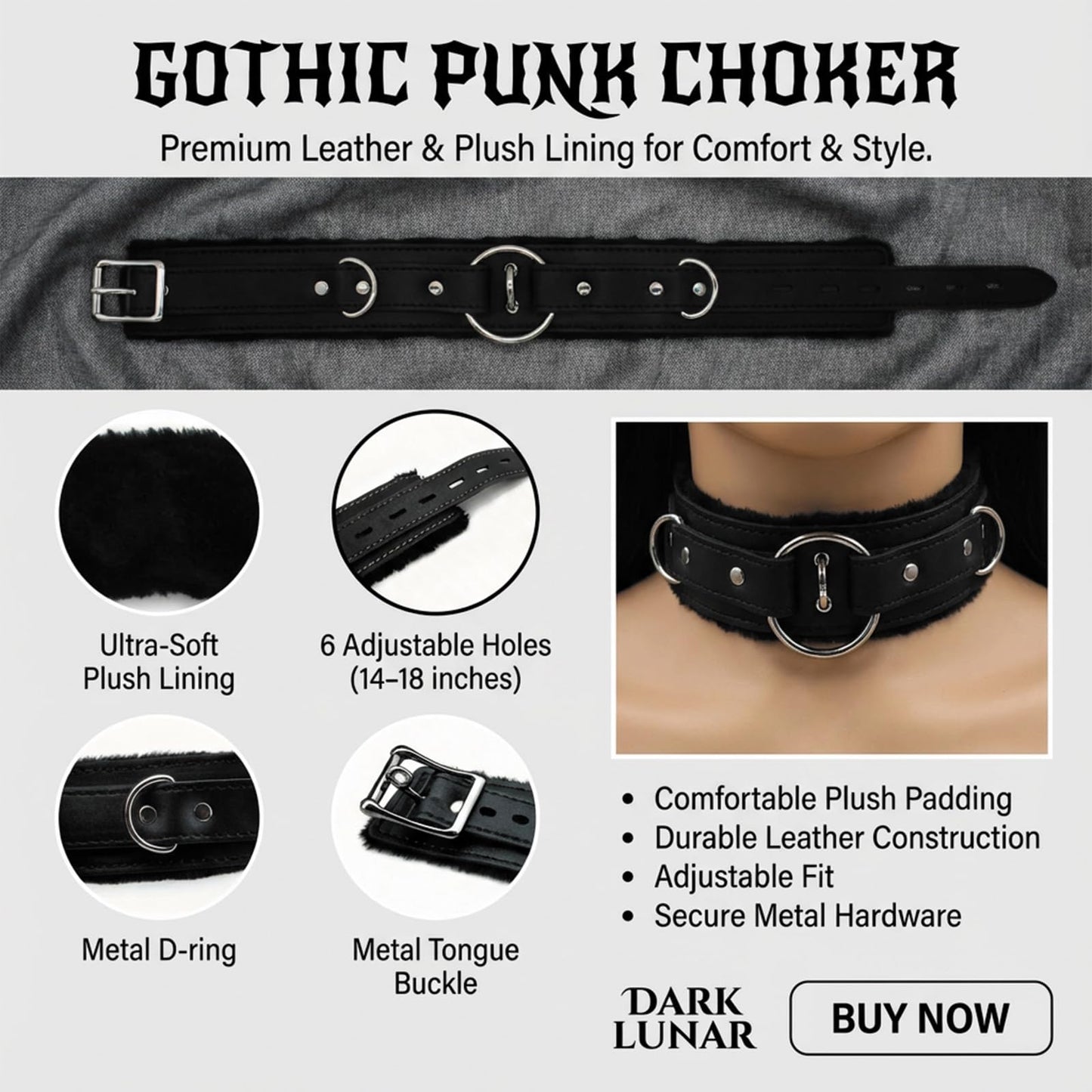 NouAn Punk choker leather Collar for women with Lock Bell O-ring Adjustable gothic Leather Choker Necklace Collar for Women Black