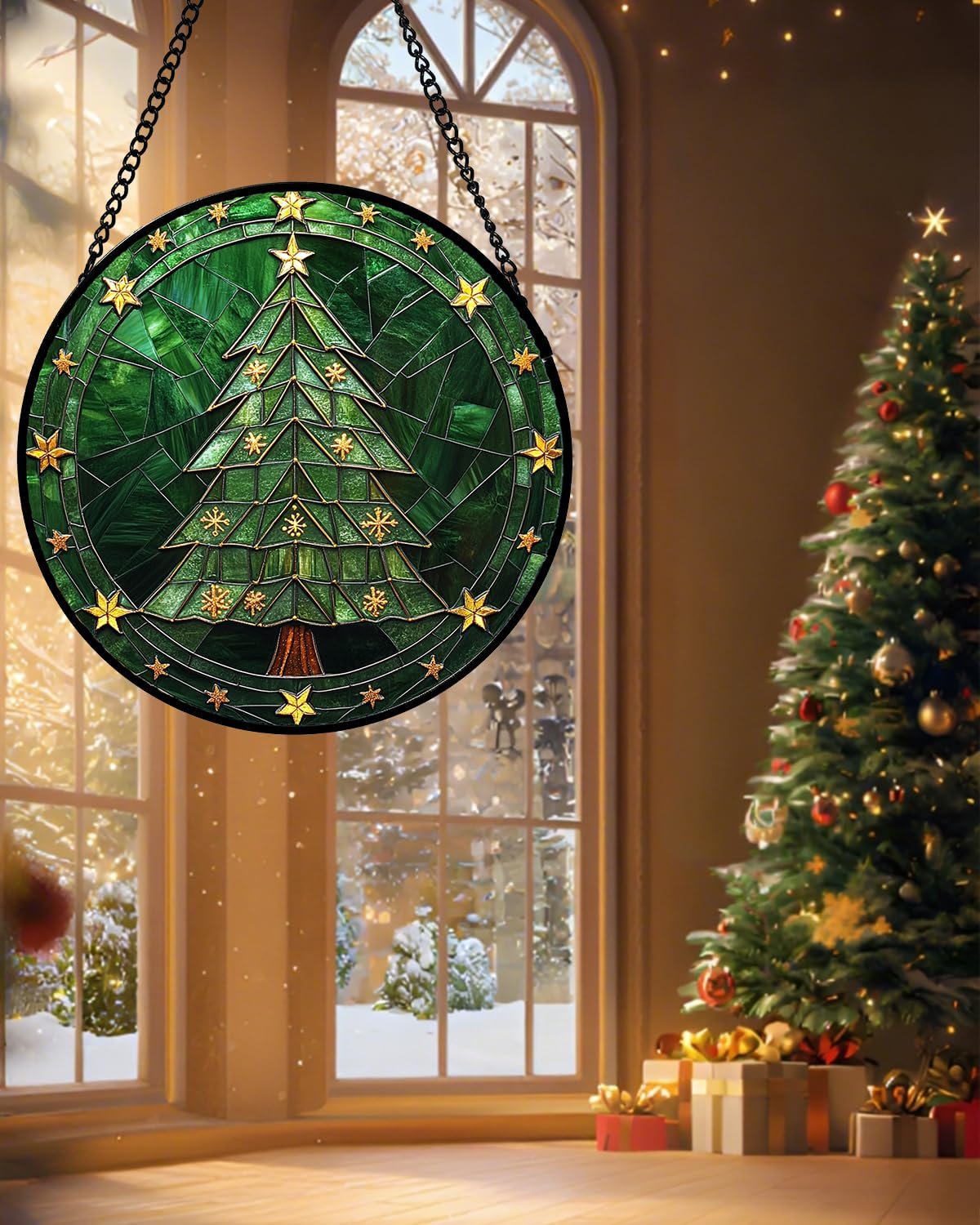 Stained Glass Window Hanging - Green Christmas Tree with Golden Stars Suncatcher for Doors Home Christmas Decoration Sun Catcher Thanksgiving New Year Birthday Gifts for Women Men Mom Nana 9.8 in