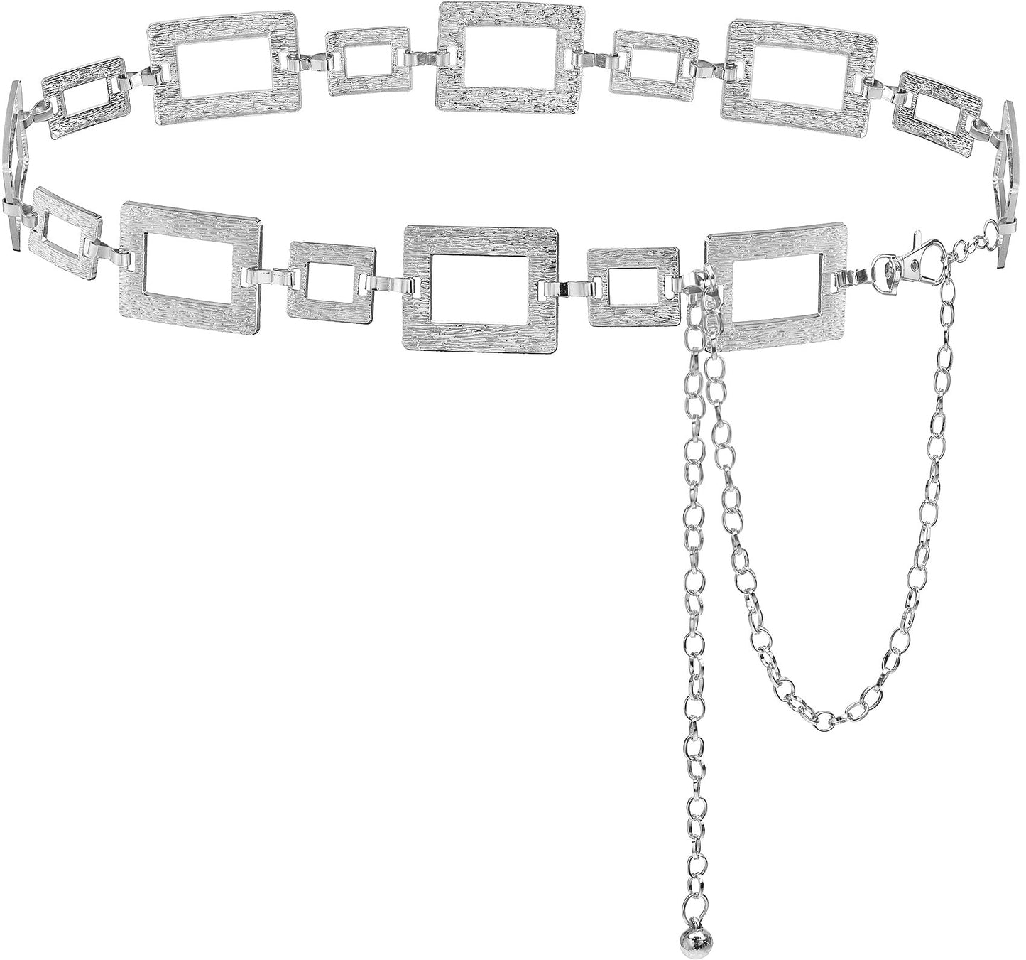 Liutufy Waist Chain for Women Adjustable Boho Metal Belt for Dresses (Square Silver-L)