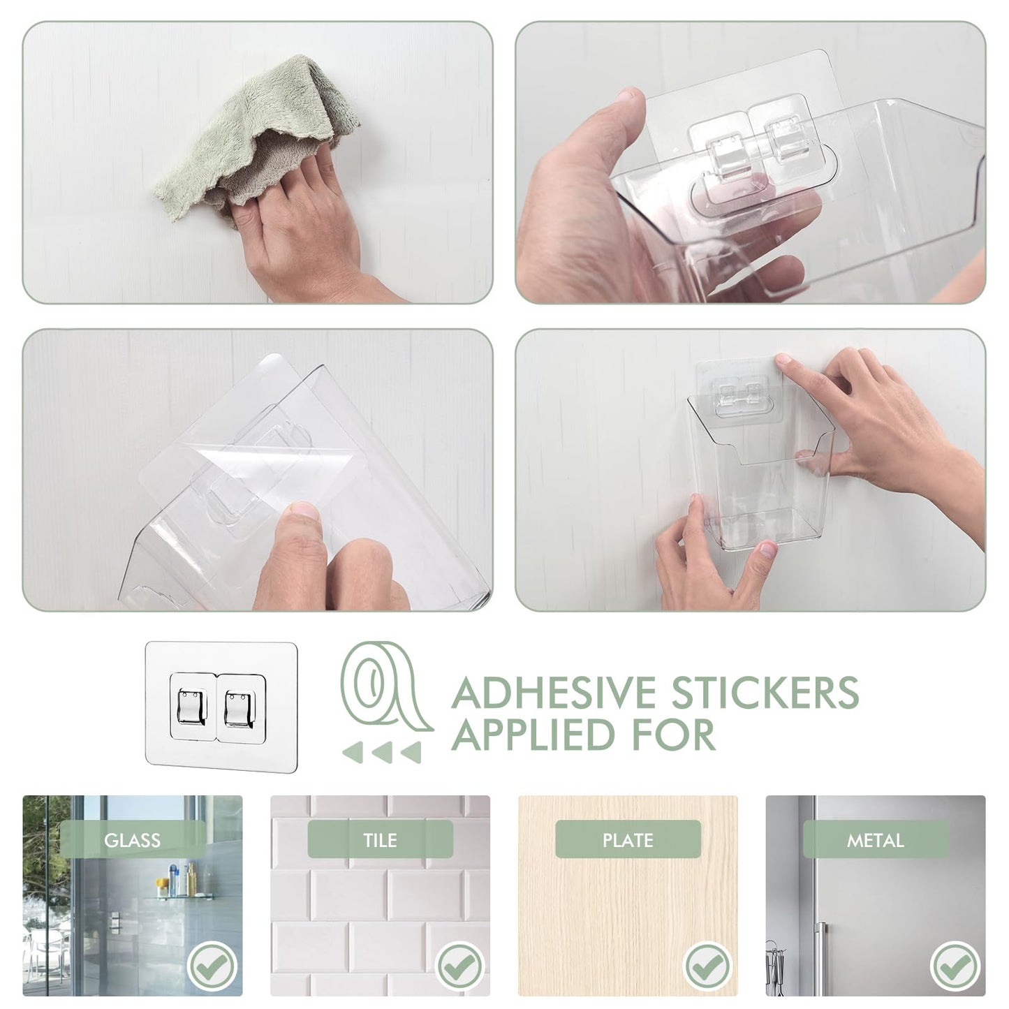 Clear Adhesive Wall Storage Bins, 4 Pack Cabinet Door Organizer Holders, Hanging Wall Mount Pockets, Plastic Cups for Shower Bathroom Makeup Office Craft Remote Kitchen Sink RV Organization (Small)