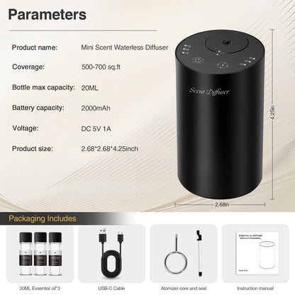 Waterless Essential Oil Diffuser Starter Kit - No Water Needed, Battery Operated Mini Scent Air Machine, Included 3x20ML Essential Oils, Portable Aromatherapy Diffuser for Home & Car & Office, Black