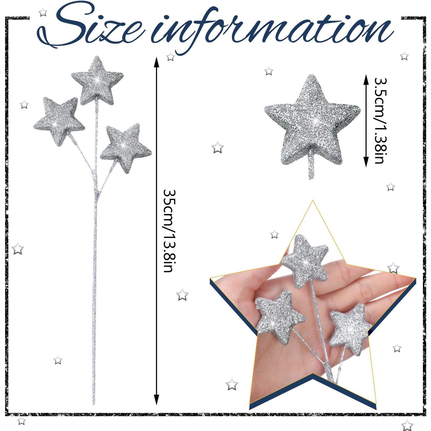 Wavwavw 24 Pcs Glitter Star Picks 13.8'' Sparkly Star Stem Picks Decoration Foam Vase Sticks Centerpiece Table Craft Vase Filler for Wreath Birthday Wedding Bridal Shower Arrangement(Silver)