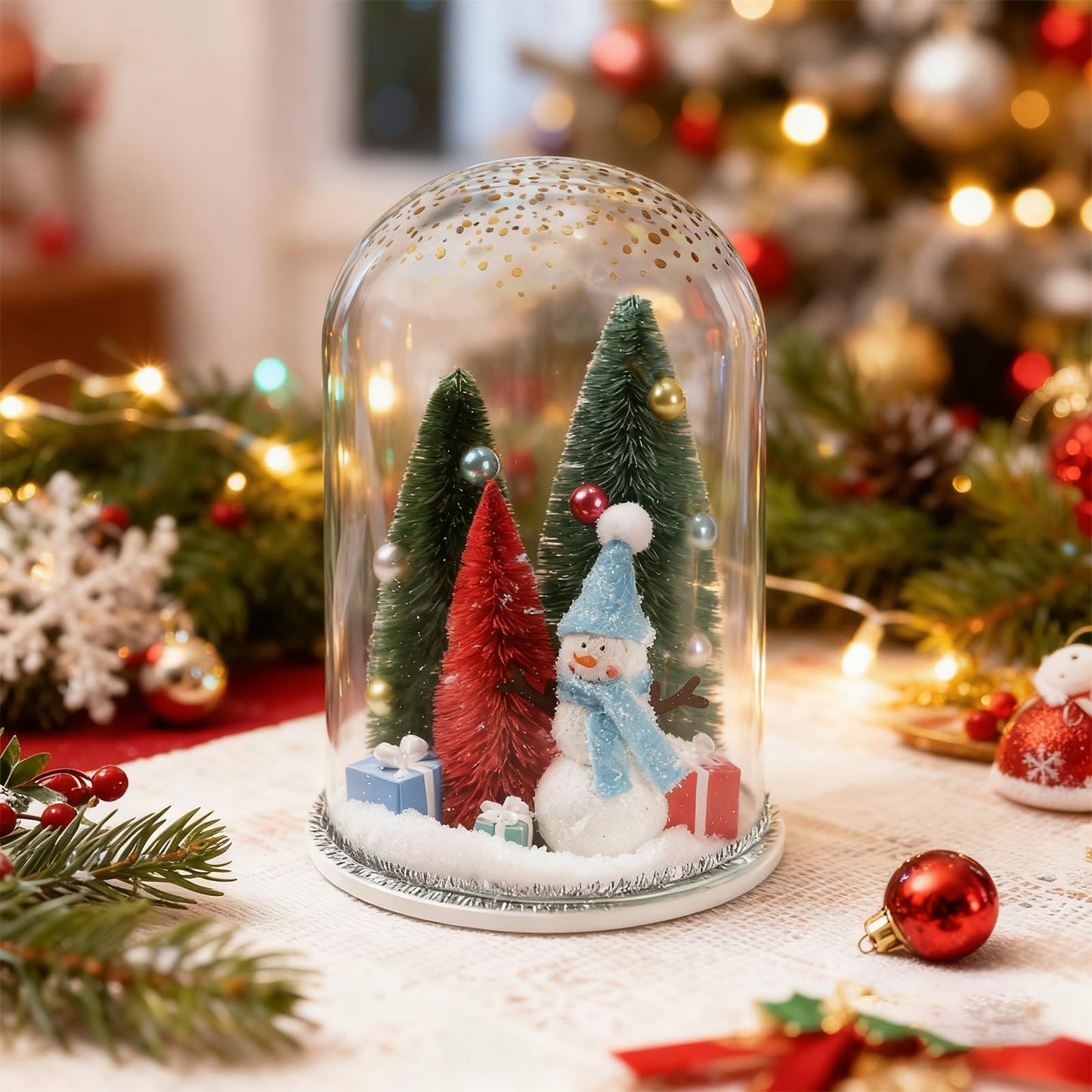 Christmas Decorations Table Centerpieces, Winter Decor Snowman with Ornaments in Dome Cloche Christmas Winter Tabletop Decor for Table Tiered Tray Shelf Mantel Fireplace Office Desk Holiday Decoration