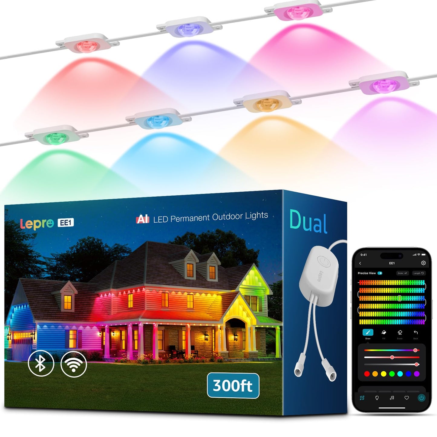 Lepro EE1 AI Permanent Outdoor Lights with Dual-Output, 300ft 180 LED RGB+IC Smart Outside Light for House Christmas Decor,Alexa Google Enabled 2.4 GHz WiFi/Bluetooth, APP Control No Remote Controller