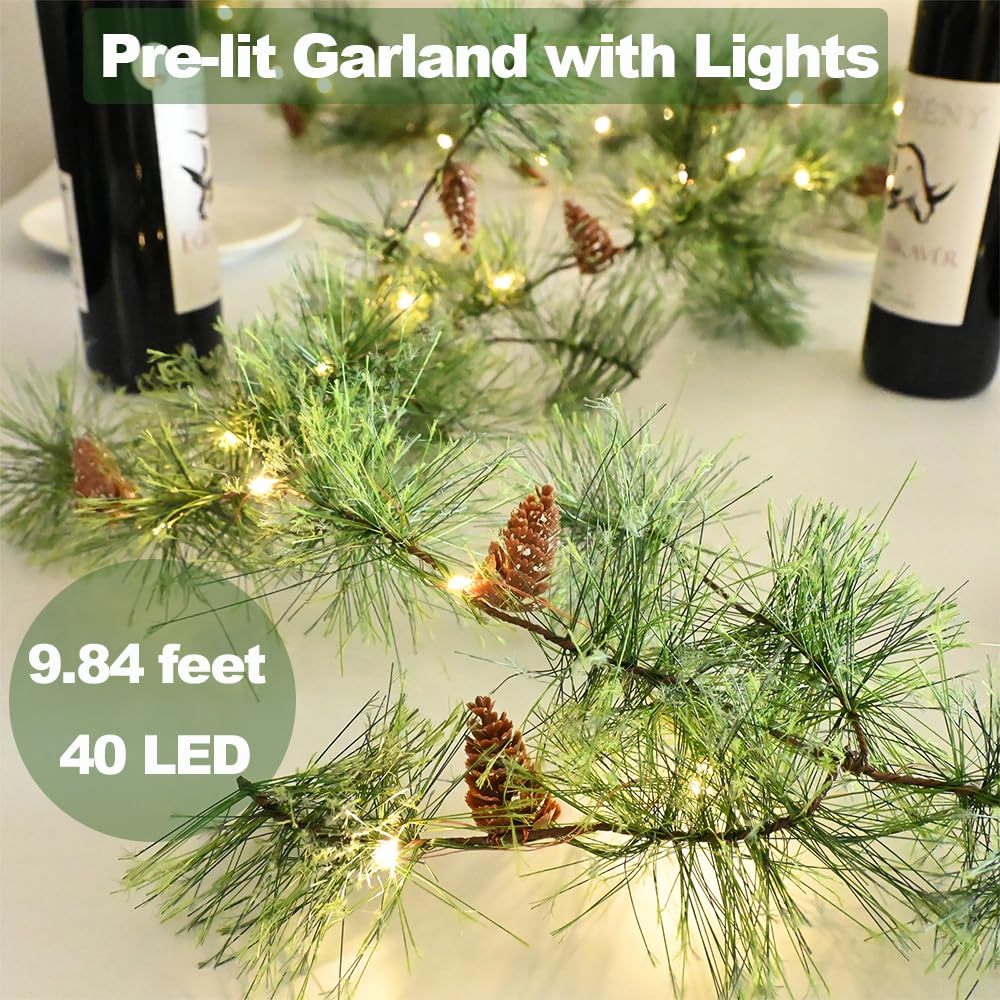 Pre-lit Christmas Garland with Lights 9.84 FT Smokey Pine Garlands 40 LED Fairy Lights Battery Operated with Timer Pine Cones Artificial Greenery Garland Wreath for Christmas Home Mantle Stairs Decor