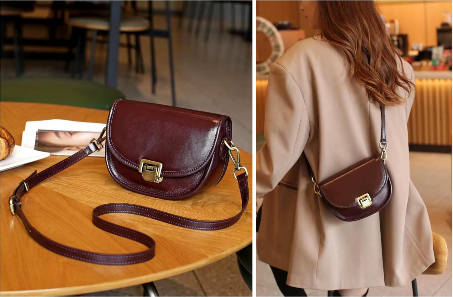 Women Genuine Cow Leather Mini Small Crossbody Shoulder Bag with 2 Detachable Adjustable Straps. Wine Coffee.