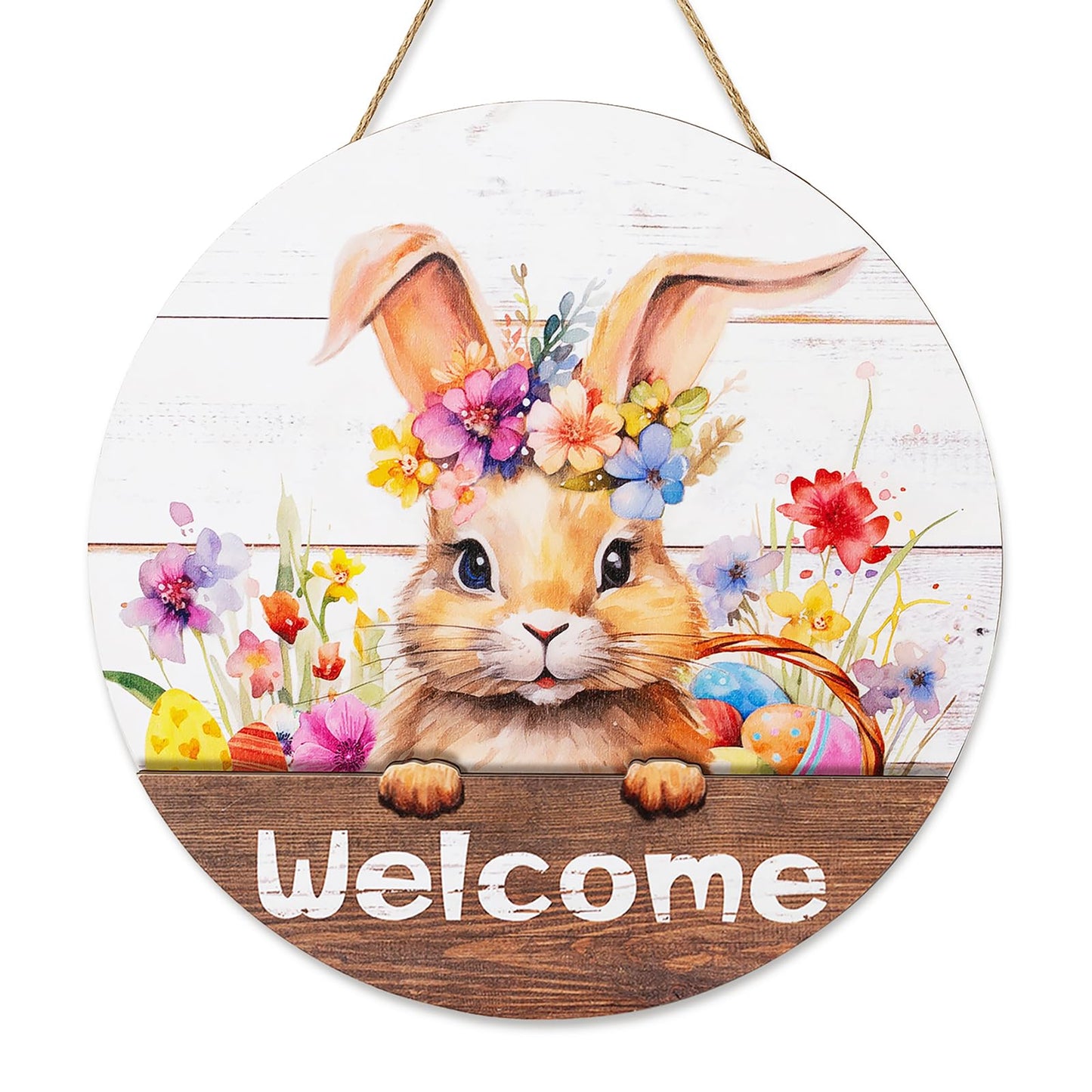 Walasis Easter Decorations for Front Door: Bunny Rabbit 3D Welcome Sign for Wall Decor Easter Wreaths Hanging for Home