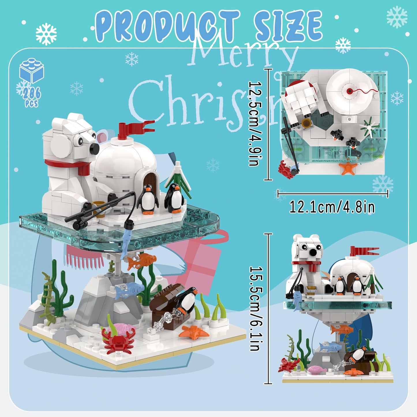 aphpaio Christmas Polar Bear and Penguin Building Set, Sea Animals Building Kit Winter Village, Includes Igloo Fish Crab Sea Animals, Brithday Gift for Boys Girls Aged 8+ (286Pcs)