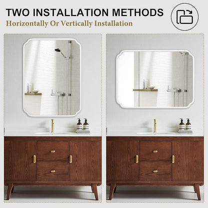 White Bathroom Vanity Mirror for Over Sink 30" x 40" Modern Rounded Corner Rectangle Wall Mirror Decorative with Non-Rusting Iron Metal Framed (Horizontal/Vertical)