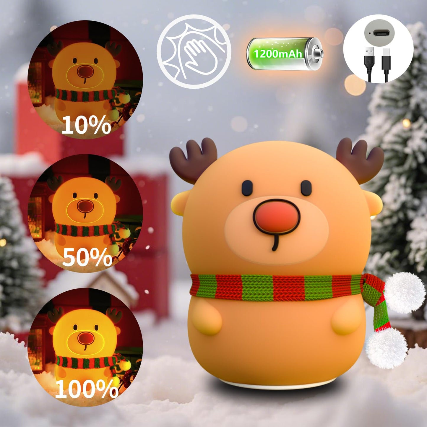 Colorful Life Silicone Reindeer Night Light – Tap Control Cute LED Bedside Lamp for Kids, Baby, Adults – Soft Glow, Rechargeable, Nursery/Bedroom(Cute Reindeer, Light up When patted)