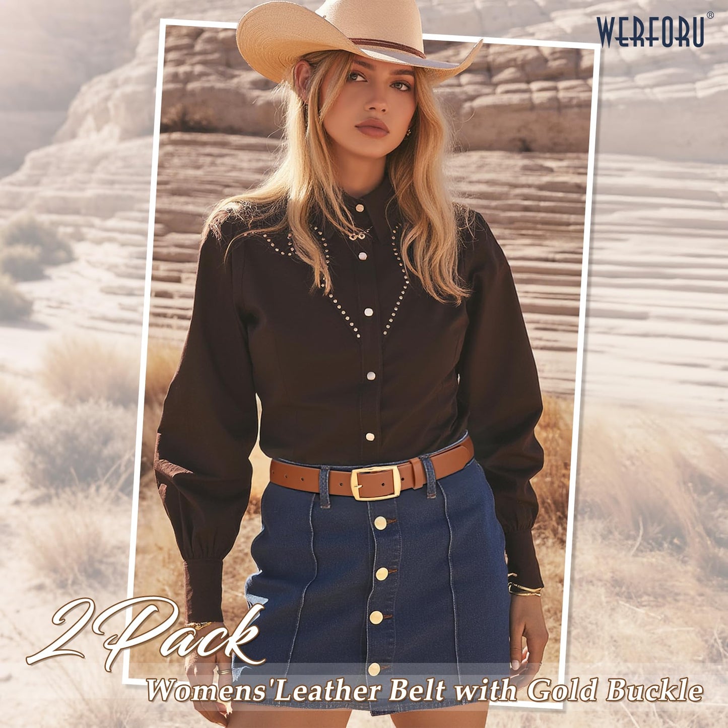 WERFORU 2 Pack Women Leather Belts for Jeans Pants Fashion Leather Belts for Women Waistband with Gold Pin Buckle,A-Black+brown-gold buckle,S:Fit Waist Size 26"-30"
