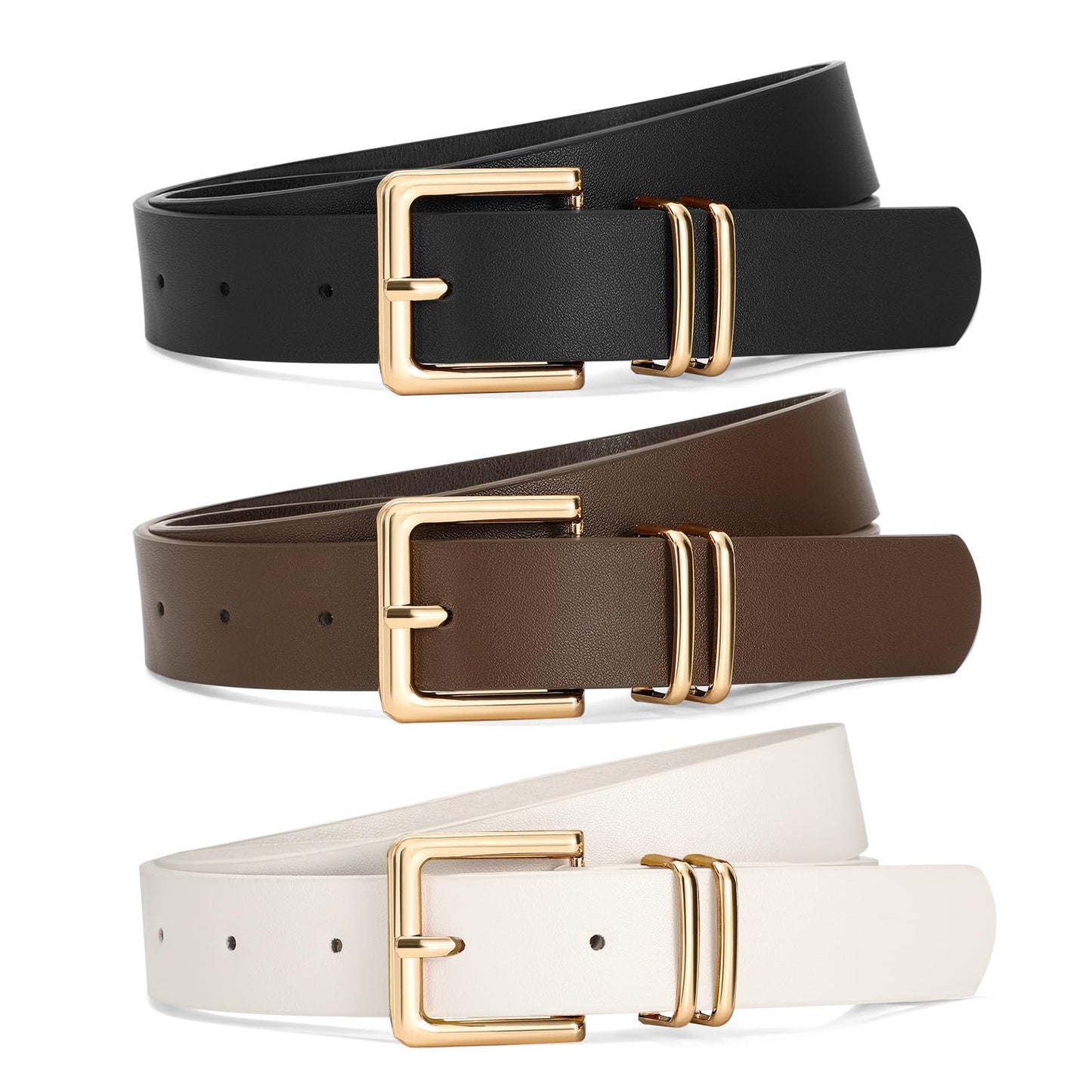 SANSTHS 3 PACK Women Leather Belts for Jeans Pants Dresses Fashion Ladies Waist Belt with Gold Square Buckle,Black Coffee Beige,S