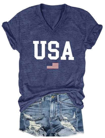 USA Flag Shirts for Womem 4th of July Summer V-Neck Tops Tshirts American Flag Graphic Tees Shirts for Patriotic (Blue, L)