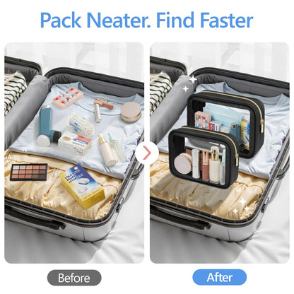 PACKISM 2 Pack Clear Makeup Bag Set (1 Large 1 Medium) - Foldable TSA Approved Toiletry Bag for Carry-on & Checked Luggage, Water Resistant Car Storage Organizer, Black