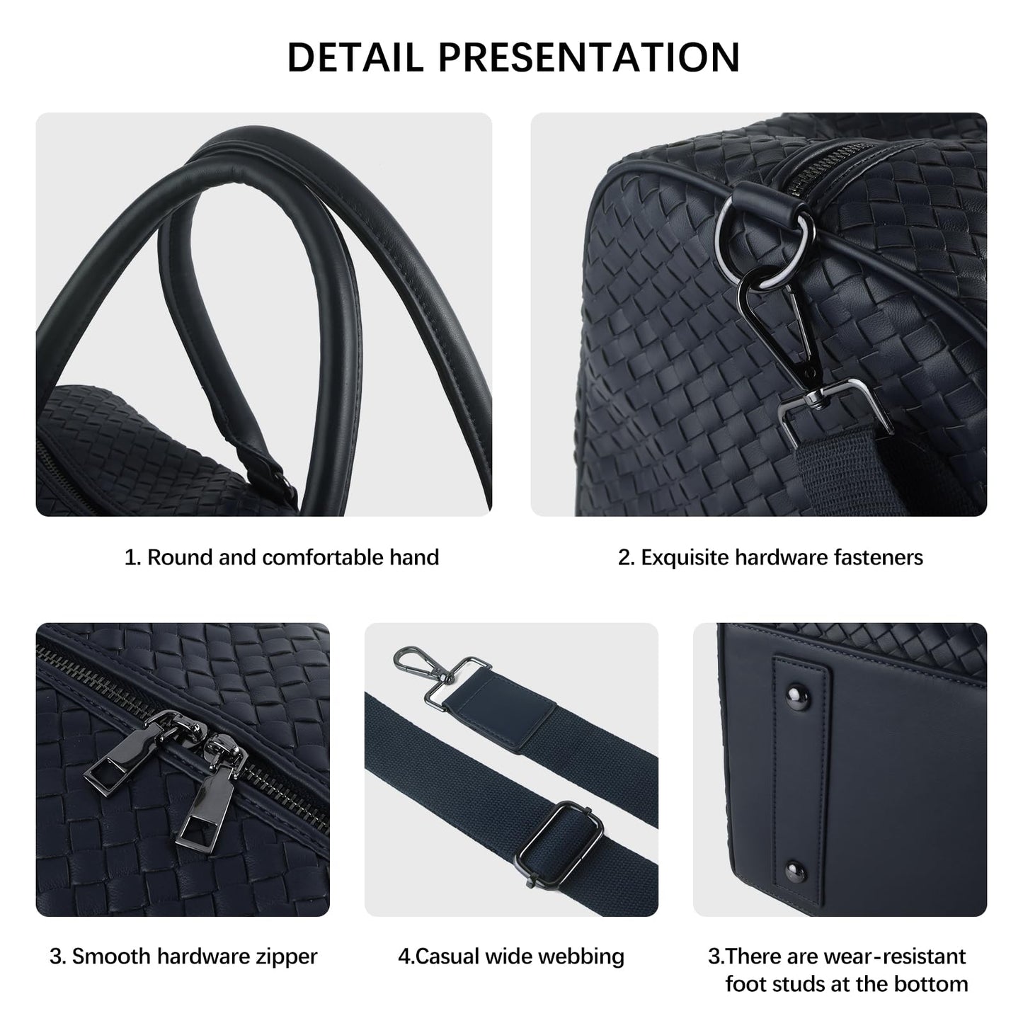 Weekender Bags for Women Woven Leather Travel Duffle Bag with Shoe Compartment, Carry On Garment Bag for Men Women, Large Capacity Water-resistant Gym Tote (Dark Blue)