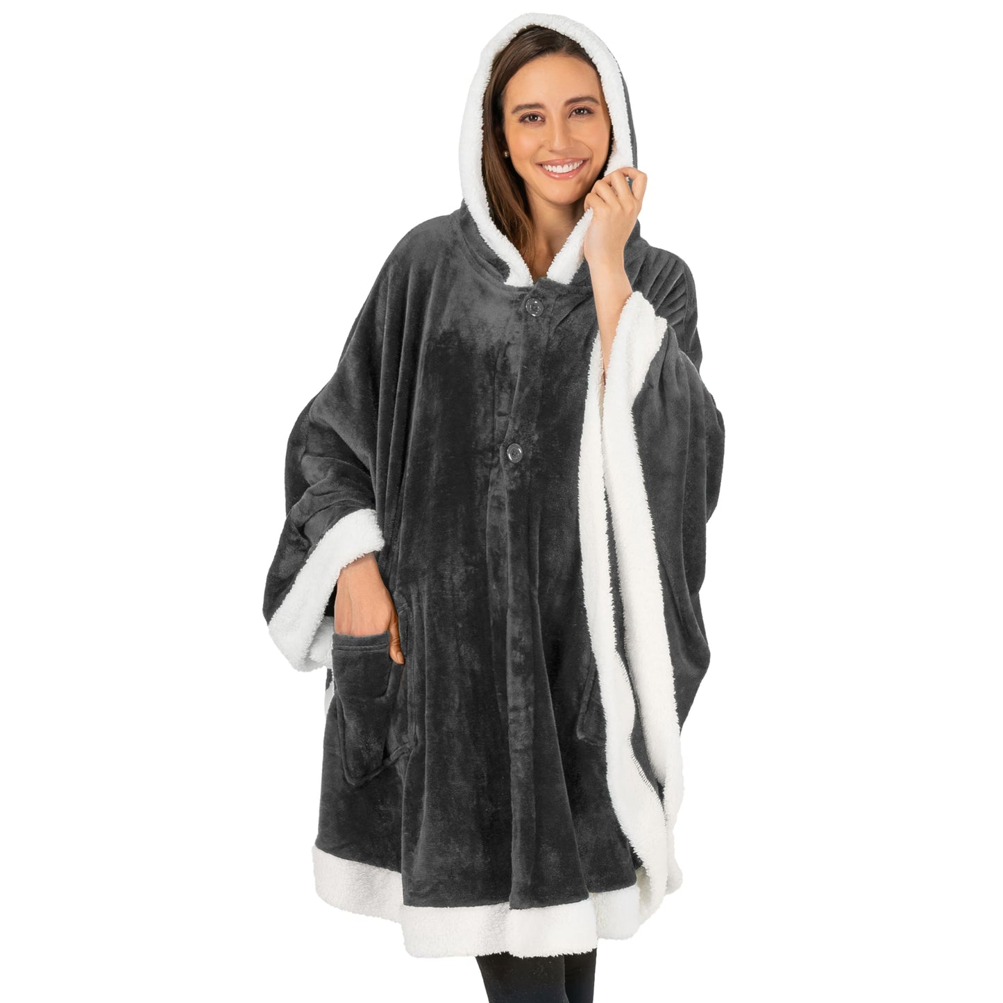 PAVILIA Hooded Blanket Poncho, Women Fleece Shawl Wrap with Hood, Wearable Blanket Cozy Warm Poncho Cape Throw with Pockets, Gift for Elderly Mom, Dark Gray